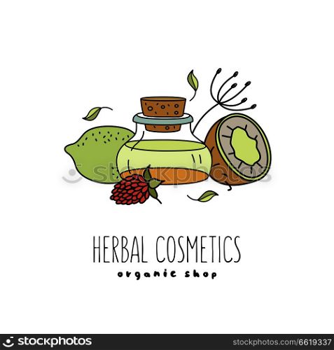 Herbal cosmetics, natural oil. Vector hand drawn illustration for natural eco cosmetics store. Lemon and coconut oil.. Herbal cosmetics. Vector illustration. Oils and plants.