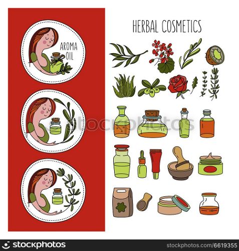 Herbal cosmetics, natural oil. Vector hand drawn illustration for natural eco cosmetics store. A large set of jars with natural oils. Three emblems with a girl and a sprig of olive, rosemary and eucalyptus.. Herbal cosmetics. Vector illustration. Oils and plants.