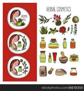 Herbal cosmetics, natural oil. Vector hand drawn illustration for natural eco cosmetics store. A large set of jars with natural oils. Three emblems with a girl and a sprig of olive, rosemary and eucalyptus.. Herbal cosmetics. Vector illustration. Oils and plants.