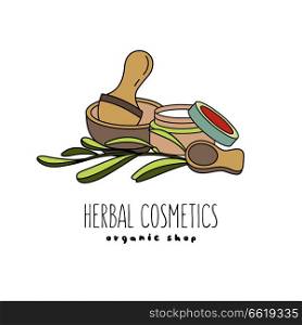 Herbal cosmetics, natural oil. Vector hand drawn illustration for natural eco cosmetics store. Eucalyptus oil.. Herbal cosmetics. Vector illustration. Oils and plants.