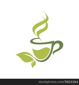 Herbal floral tea with green leaves isolated logo. Vector mug of hot steaming drink with organic herbs. Cup of hot green herbal tea