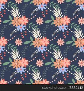 Herbal flowers seamless pattern. Background spring wild flowers and foliage. Meadow grass and flowering print. Floral template for textile, wallpaper, paper and design. Vector illustration. Herbal flowers Background spring wild flowers and foliage
