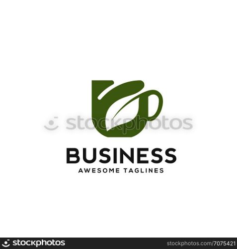 Herbal green tea cup logo, herbal drink logo,green leaf with mug logo, green leaf with tea cup logo concept.nature drink , health drink logo