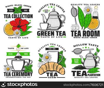 Herbal green, white and black tea vector icons. Tea ceremony teapot and cup porcelain, herbs and fruits taste drinks with lemon and mint, chamomile and hibiscus flowers, package emblems. Herbal green and black tea icons