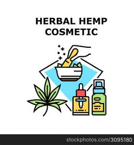 Herbal Hemp Cosmetic Vector Icon Concept. Herbal Hemp Cosmetic Preparing From Natural Cannabis Plant Leaves. Marijuana Herb Ingredient For Prepare Cosmetology Product Color Illustration. Herbal Hemp Cosmetic Vector Concept Illustration