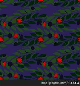 Herbal leaves and wild berries seamless pattern , Fashion, interior, wrapping consept. Contemporary vector illustration on purple background. Herbal leaves and wild berries seamless pattern