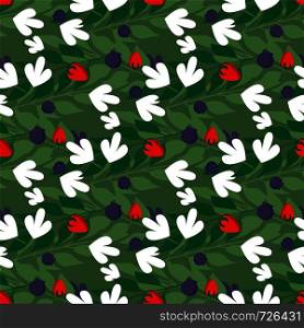 Herbal leaves and wild berries seamless pattern , Fashion, interior, wrapping consept. Contemporary vector illustration on green background. Herbal leaves and wild berries seamless pattern
