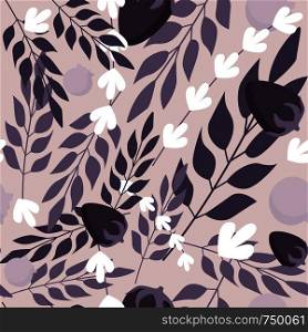 Herbal leaves and wild berries seamless pattern. Vector illustration on pink background. Herbal leaves seamless pattern. Vector illustration on background
