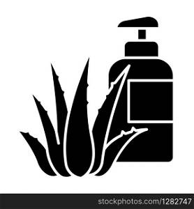 Herbal lotion black glyph icon. Plant based cream. Natural gel. Organic bathing product. Cosmetology and dermatology. Aloe vera extract. Silhouette symbol on white space. Vector isolated illustration