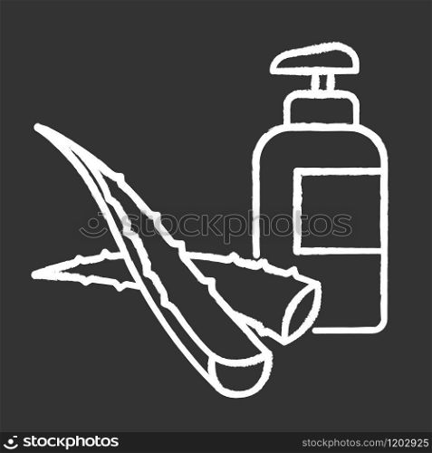 Herbal lotion chalk white icon on black background. Plant based gel and liquid soap. Dermatology. Moisturizer with aloe vera extract. Hygiene and skincare. Isolated vector chalkboard illustration