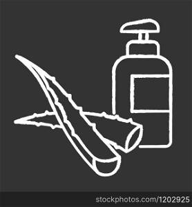 Herbal lotion chalk white icon on black background. Plant based gel and liquid soap. Dermatology. Moisturizer with aloe vera extract. Hygiene and skincare. Isolated vector chalkboard illustration
