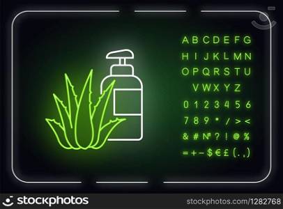 Herbal lotion neon light icon. Plant based cream. Natural gel. Bathing product. Aloe vera extract. Outer glowing effect. Sign with alphabet, numbers and symbols. Vector isolated RGB color illustration