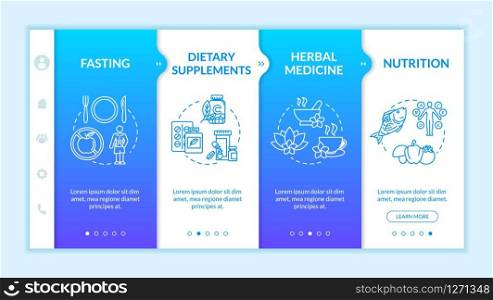 Herbal medicine and diets onboarding vector template. Homeopathy, naturopathy responsive mobile website with icons. Fasting and dietary supplements webpage walkthrough step screens. RGB color concept