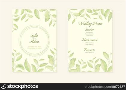 Herbal minimalistic vector frame. Hand painted branches on white background. Greenery wedding invitation. Watercolor style. Natural card design.. Herbal minimalistic vector frame. Hand painted branches on white background. Greenery wedding invitation. Watercolor style.
