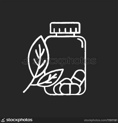 Herbal pills chalk icon. Homeopathy and holistic approach. Organic medication. Natural prescription. Pharmaceutical aid. Allergy treatment. Sickness help. Isolated vector chalkboard illustration