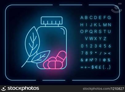 Herbal pills neon light icon. Homeopathy, holistic approach. Organic medication. Natural prescription. Pharmaceutical aid. Glowing sign with alphabet, numbers and symbols. Vector isolated illustration
