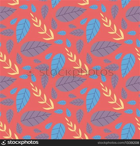 Herbal Seamless Modern Flat Pattern Repeat Cartoon Tropical Leaves Background for Packaging, Textiles, Menu Design in Natural Ecological Style Organic Vector Illustration on Red Backdrop. Seamless Flat Pattern Cartoon Tropical Leaves