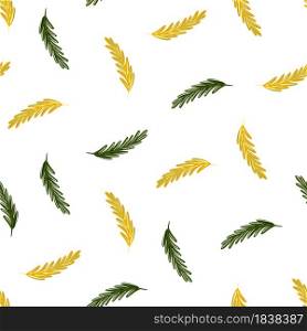 Herbal seamless pattern with green and yellow rosemary shapes. White background. Isolated print. Perfect for fabric design, textile print, wrapping, cover. Vector illustration.. Herbal seamless pattern with green and yellow rosemary shapes. White background. Isolated print.