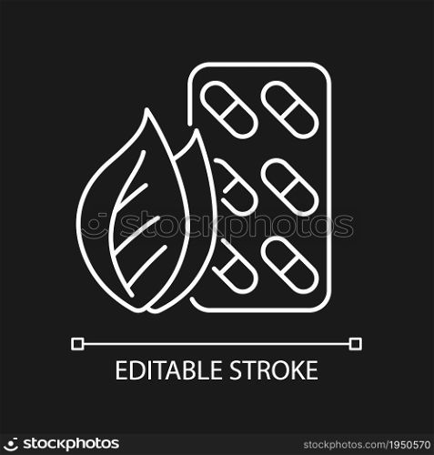 Herbal supplements white linear icon for dark theme. Phytomedicine. Botanical products. Thin line customizable illustration. Isolated vector contour symbol for night mode. Editable stroke. Herbal supplements white linear icon for dark theme