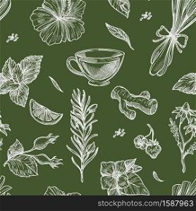 Herbal tea ad herbs, flowers and leaves seamless pattern isolated on green background vector. Ginger root and slice of orange, floral flavour for hot beverage. Monochrome sketch outline flat style. Herbal tea ad herbs, flowers and leaves seamless pattern