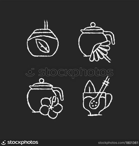 Herbal tea chalk white icons set on dark background. Hibiscus beverage carcade. Camomile infusion. Mate tea with straw. Natural drink. Isolated vector chalkboard illustrations on black. Herbal tea chalk white icons set on dark background