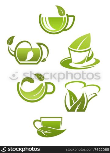 Herbal tea cups with green leaves isolated on white background for drink design