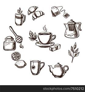 Herbal tea, dessert and bakery sketch icons with cup of hot tea on saucer, mint leaves, sugars, lemon and croissant surrounded teapots and cups, honey jar with dipper, tea bag, tea leaves and ginger. Isolated objects on white. Herbal tea, dessert and bakery sketch icons