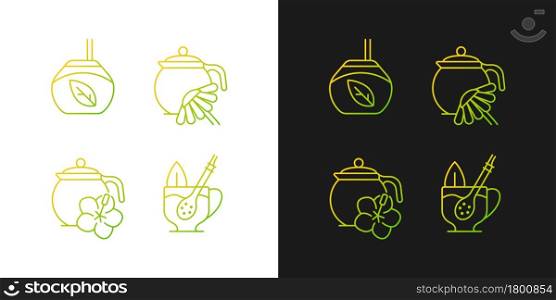 Herbal tea gradient icons set for dark and light mode. Hibiscus beverage. Camomile infusion.Thin line contour symbols bundle. Isolated vector outline illustrations collection on black and white. Herbal tea gradient icons set for dark and light mode