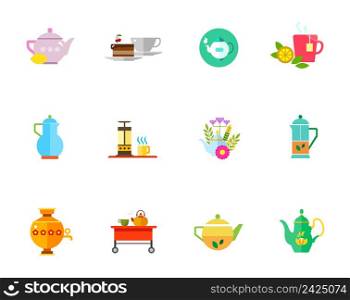 Herbal tea icon set. Teapot with Lemon Hot Tea Teapot and Cup on Tea-trolley Mint Herbal Press Pot