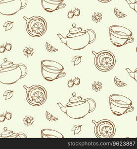 Herbal tea line seamless pattern. Hand drawn print design with outline teapot, cups, leaves, berries, lemon and chamomile on beige background.
