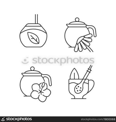 Herbal tea linear icons set. Hibiscus beverage carcade. Camomile infusion. Natural drink. Customizable thin line contour symbols. Isolated vector outline illustrations. Editable stroke. Herbal tea linear icons set