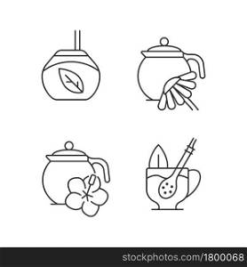 Herbal tea linear icons set. Hibiscus beverage carcade. Camomile infusion. Natural drink. Customizable thin line contour symbols. Isolated vector outline illustrations. Editable stroke. Herbal tea linear icons set