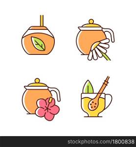 Herbal tea RGB color icons set. Hibiscus beverage carcade. Camomile infusion. Mate tea with straw. Natural drink. Isolated vector illustrations. Simple filled line drawings collection. Herbal tea RGB color icons set