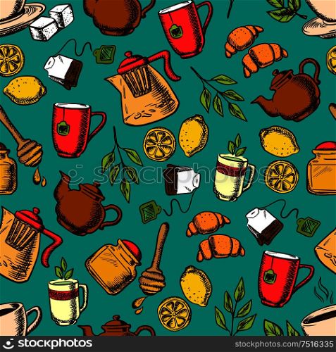 Herbal tea seamless pattern. Cup of hot tea on saucer with mint leaves, sugars, lemon and croissant surrounded teapots and cups, honey jar with dipper, tea bag, tea branch and ginger. Herbal tea seamless pattern background