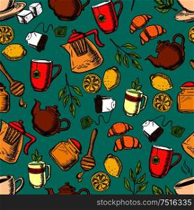 Herbal tea seamless pattern. Cup of hot tea on saucer with mint leaves, sugars, lemon and croissant surrounded teapots and cups, honey jar with dipper, tea bag, tea branch and ginger. Herbal tea seamless pattern background