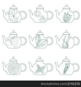 Herbal tea.Teapots. Vector illustration.