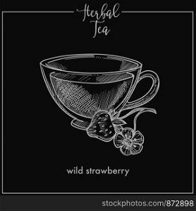 Herbal tea with wild strawberry in glass cup. Delicious and healthy hot drink of natural ingredients. Forest berries in tasty beverage isolated cartoon flat sketchy monochrome vector illustration.. Herbal tea with wild strawberry in glass cup