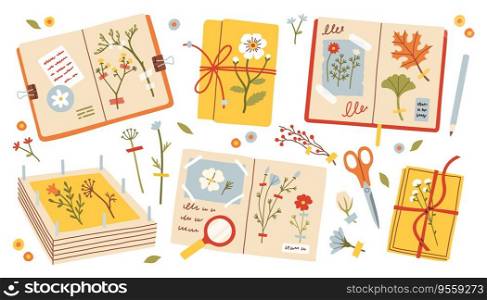 Herbarium set. Cozy autumn flowers and leaves set. Autumn vector illustration for Fall mood poster, sticker, postcard, flyer template. Vector illustration