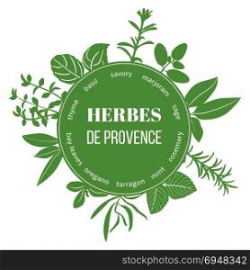 Herbes de Provence flat silhouettes. Herbes de Provence flat silhouettes. Vector set of spice blend. Design for cosmetics, restaurant, menu, market, health care products. French cuisine, ready logo, icon, banner, web tag template