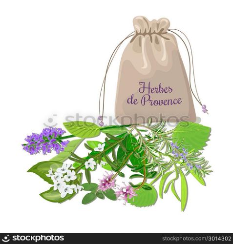 Herbes de provence sachet. Herbes de provence sachet mix. Swatch pouch with herbs. Design for cosmetics, restaurant, store, market, natural health care products. Can be used as logo design, price tag, label, web, textile, emblem
