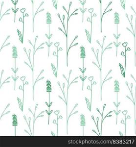 Herbs and greenery vector seamless pattern. Botanical natural background with green field herbs and flowers. Print for textiles, wallpaper, packaging and paper. Herbal repeat template. Herbs and greenery vector seamless pattern