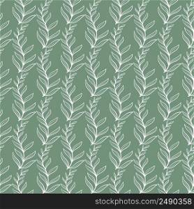 Herbs and herbages hand engraved seamless pattern. Background sketch of natural leafy twigs. White graceful branches on green substrate. Template for wallpaper, packaging and printing vector illustration. Herbs and herbages hand engraved seamless pattern