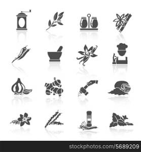 Herbs and spices black icons set of vanilla basil nutmeg isolated vector illustration