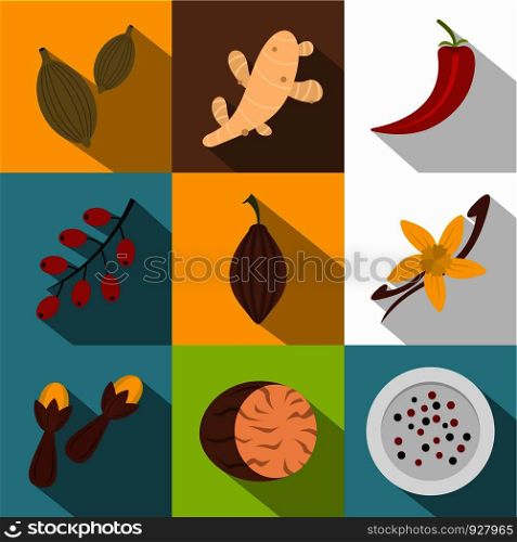 Herbs and spices icon set. Flat style set of 9 herbs and spices vector icons for web design. Herbs and spices icon set, flat style