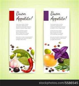 Herbs and spices pepper bay leaf onion banners with Enjoy your meal title vertical isolated vector illustration