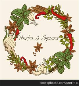 Herbs And Spices Round Frame. Herbs decorative round frame with anise stars cloves of garlic cinnamon sticks ginger root and spices leaves vector illustration