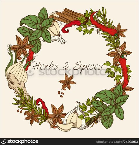 Herbs decorative round frame with anise stars cloves of garlic cinnamon sticks ginger root and spices leaves vector illustration . Herbs And Spices Round Frame