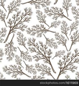 Herbs for cooking vegetarian or vegan dishes, organic ingredient, parsley or dill seamless pattern. Nutrition and dieting, fragrant for dishes. Monochrome sketch outline, vector in flat style. Dill leaves, parsley organic food ingredient seamless pattern