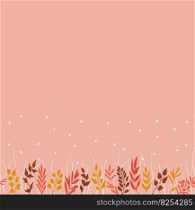 Herbs, leaves, grass with stars or fireflies against tender pink background. Fancy hand-drawn retro themed pattern. Simple womanly nature, beauty seamless border with copy space, for prints or web. Retro color herbs, grass, stars seamless border