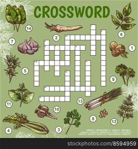 Herbs, seasonings and spices. Crossword grid worksheet. Find a word quiz game, sketch vector text riddle with nutmeg, horseradish and cilantro, celery, savory and angelica, garlic, coriander, parsley. Herbs and spices crossword, find a word quiz game